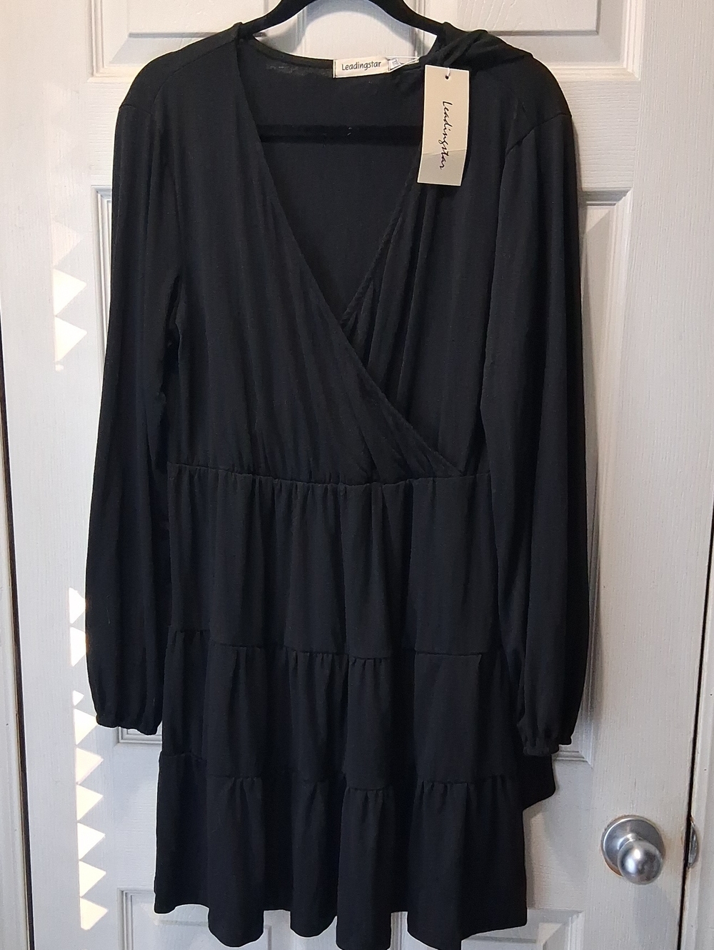Black Long-Sleeve Wrap Tiered Dress